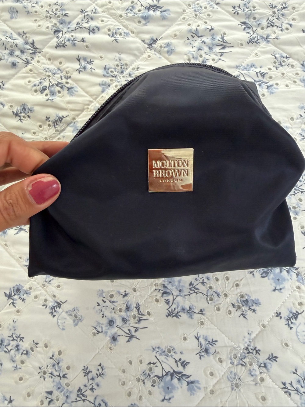 Molton Brown Navy Blue Toiletry Bag with Gold Logo Plate